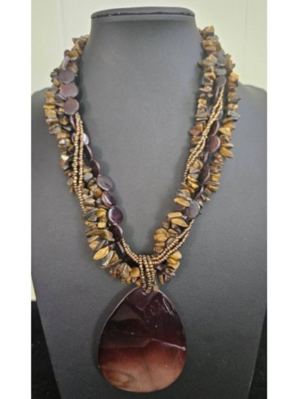 Brown Multi Strand Reversible Mother of Pearl Statement Necklace